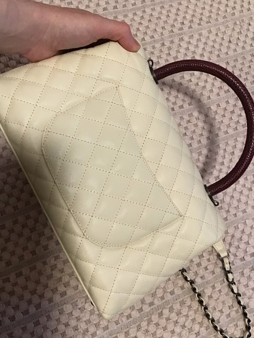 CHANEL Cream Quilted Top-Handle Satchel with Bordeaux Handle - Picture 8 of 9